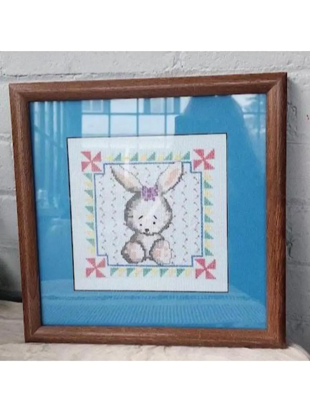 Vintage Framed Bunny Cross Stitch | Nursery Decor